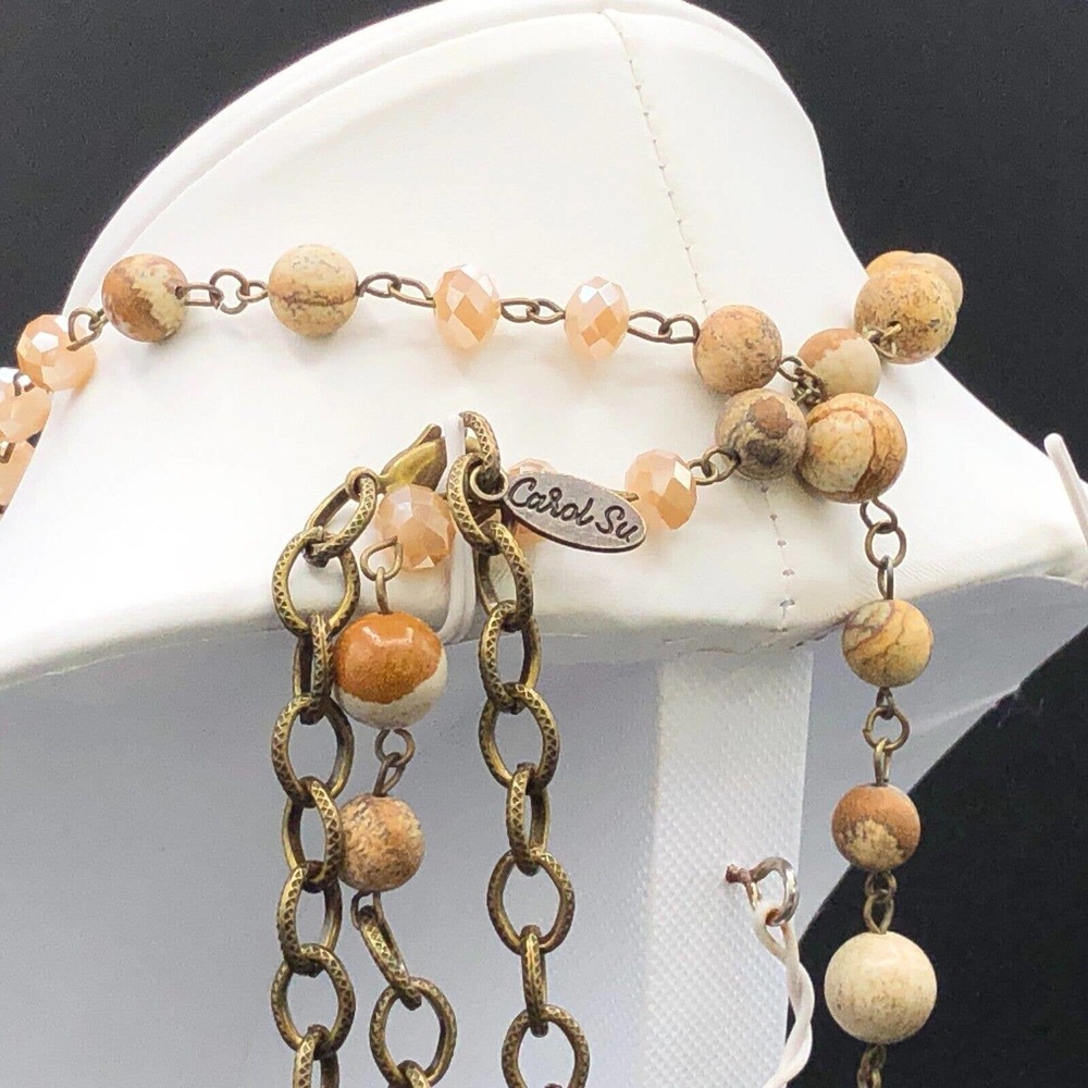 Carol Su 32" Lariat Necklace Jasper Stone Beads Earth Tone Faux Suede 7" Tassel - Picture 8 of 15